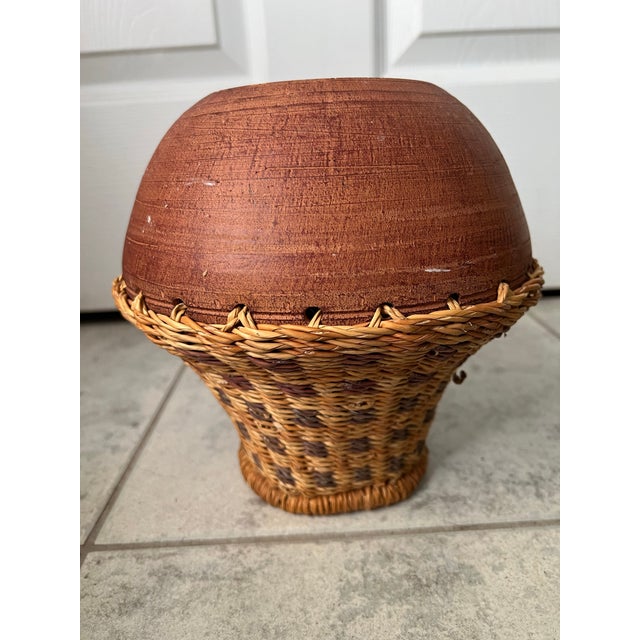 Vintage Handcrafted African Ghanaian Terracotta Pot With Woven Wicker Overlay For Sale - Image 4 of 9