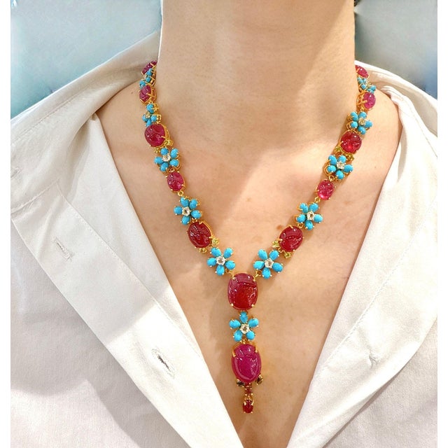 1990s Bochic “Capri” Vintage Ruby & Turquoise Flower Necklace - 18K & Silver For Sale - Image 5 of 9