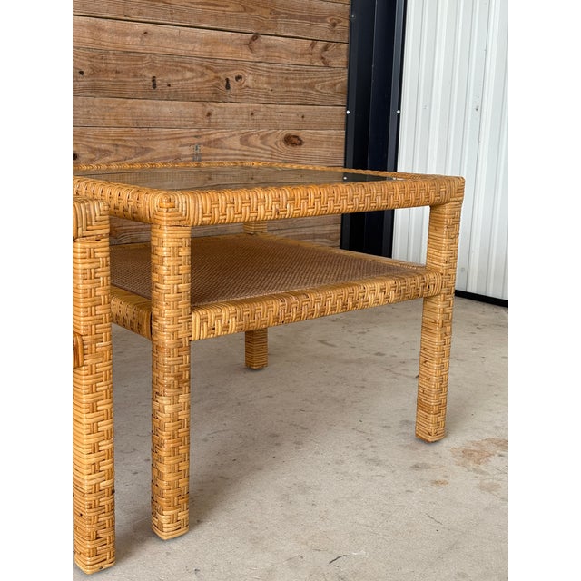 Tan Vintage Organic Modern Rattan & Cane Side Tables With Glass Tops – Pair For Sale - Image 8 of 12