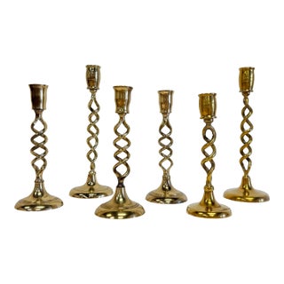 Vintage Brass Barley Twist Candlesticks, Set of 6 For Sale