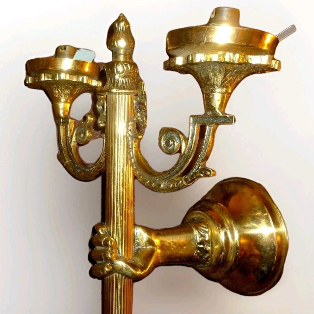 Metal Antique 20" French Regency Brass/ Bronze Hand Held Torch Wall Sconce With Flame Shades For Sale - Image 7 of 18