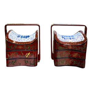 Antique Chinese Lacquered Stacked Lunch Box With Porcelain Inset—A Pair