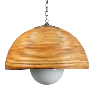 Large 1960's Rattan Bamboo & Brass Dome Pendant