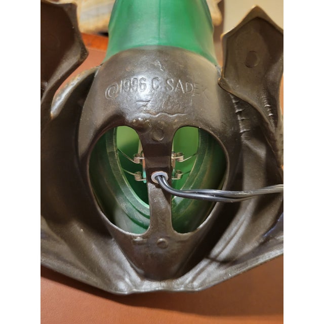 Traditional Vintage 1996 C Sadek Frosted Green Glass Frog Lamp on Cast Metal Base For Sale - Image 3 of 8
