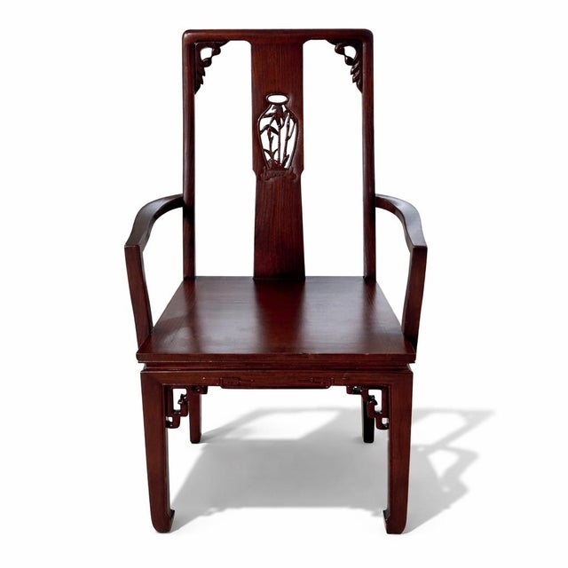 Chinese Vintage Ming Style Rosewood Dining Chairs, Set of 8, 2 Host and 6 Side, Carved Vase Back Splat and Frette Detail For Sale - Image 3 of 10