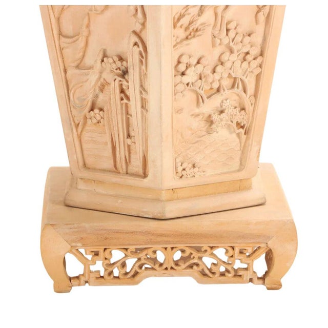 Pair of Painted and Carved Asian Urns With Lids For Sale - Image 4 of 5