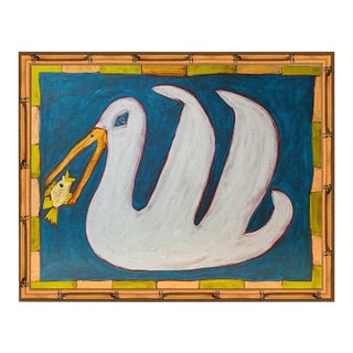Original Pelican & Fish Painting in Gold Bamboo Frame, Oil Sticks on Canvas, 13" X 17" by Tatiana Duperault For Sale