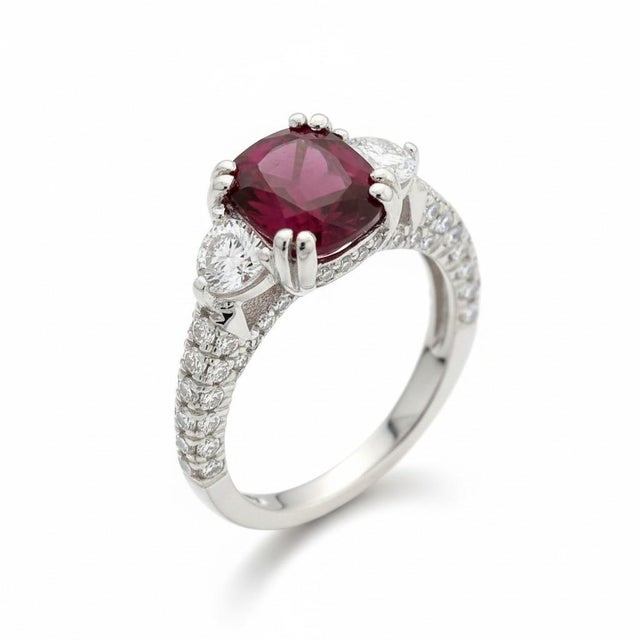 Gia Certified No Heat Cushion Ruby Half Moon Diamond Platinum Cocktail Ring, Size 6.5 For Sale - Image 4 of 9
