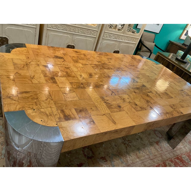 Iconic Paul Evans Burled Patchwork Dining Table from his Cityscape Collection. Signed. Two leaves. Condition Disclosure:...