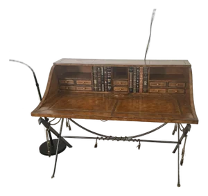 1980s Maitland Smith Faux Book Leather Campaign Desk Sword Military Iron X Stretcher