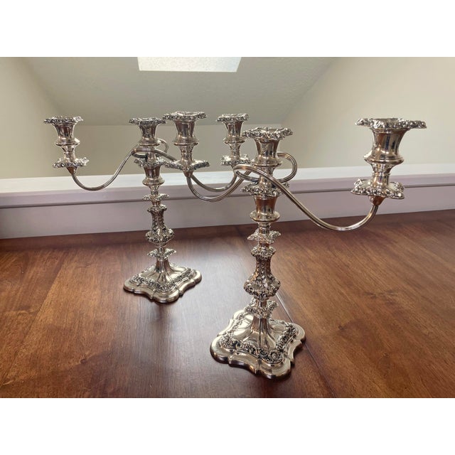 English Pair Barker Ellis English Silver Plate Convertible Candelabra 3 Light Candlesticks Vintage For Sale - Image 3 of 9