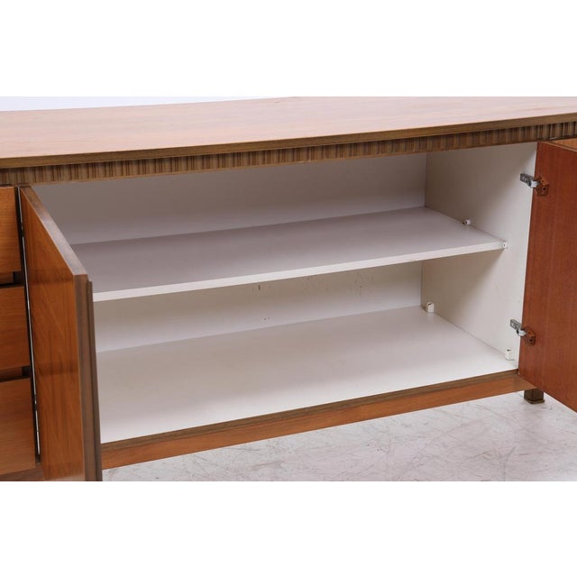 Vintage 1960s Walnut Sideboard | Mid-Century Sideboard with Drawers & Compartments and Checkerboard Pattern Wooden Storage For Sale - Image 9 of 12