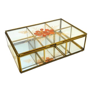 Vintage Brass and Glass Divided Box With Dried Flowers - Jewelry Box or Organizer For Sale