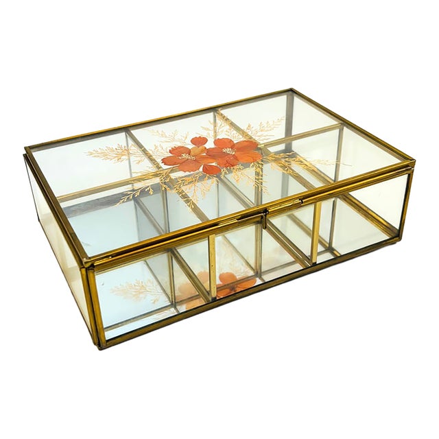 Vintage Brass and Glass Divided Box With Dried Flowers - Jewelry Box or Organizer For Sale
