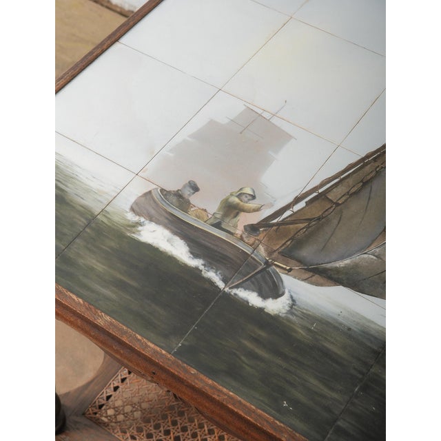 Antique Oak Tile-Top Side Table With Nautical Scene and Barley Twist Legs For Sale In Greensboro - Image 6 of 8