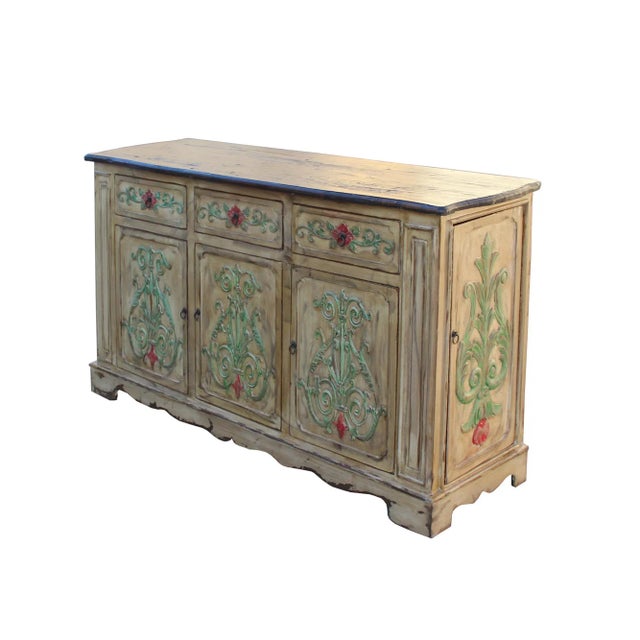 Relief Flower Motif Distressed Cream Yellow White Sideboard Table Cabinet For Sale - Image 4 of 10