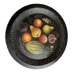Vintage Round Black Hand-Painted Tray With Fruit
