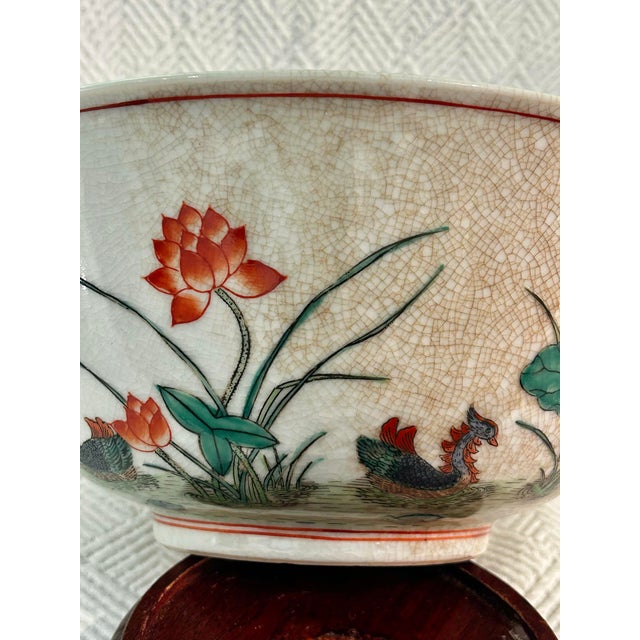 Vintage 10” Hand-Painted Porcelain Lotus & Dragon Centerpiece Bowl With Ming Style Wood Stand For Sale - Image 10 of 11