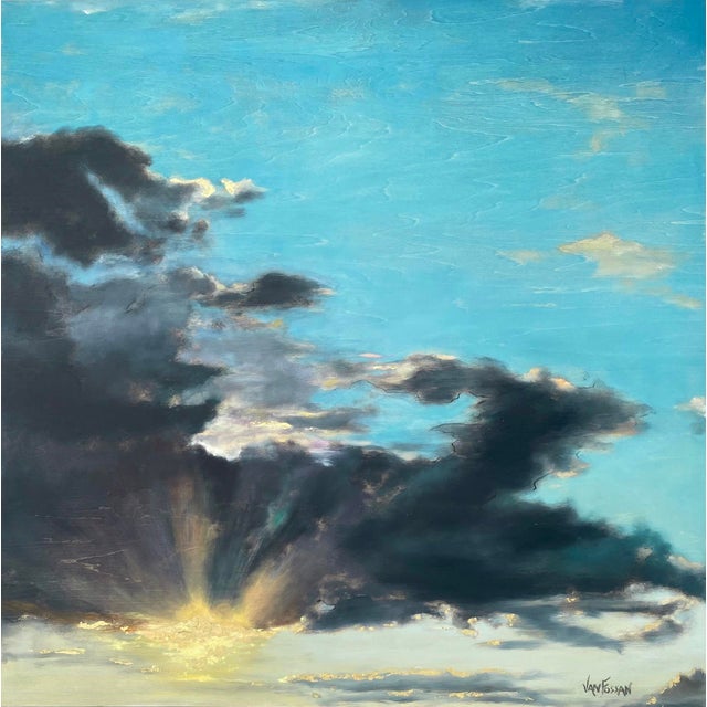 The artwork depicts a dramatic sky at dusk, where swirling clouds interplay with vibrant hues of blue and gold. The use of...