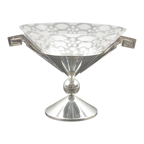 Art Deco Silver Plate and Etched Glass Centerpiece Bowl, France 1930s