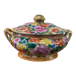 Vintage Millefleur Porcelain Tureen, Neoclassical-Greek Key For Sale