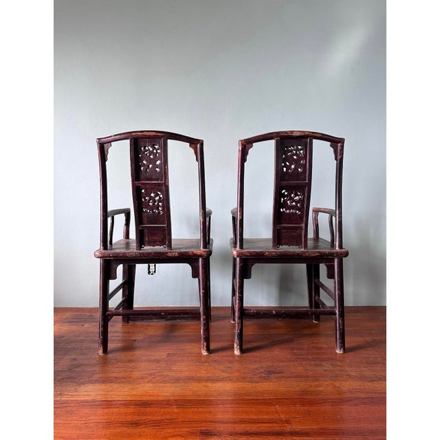 Late 19th Century 19th Century Chinese Hand Carved Wood High Back Arm Chairs For Sale - Image 5 of 8