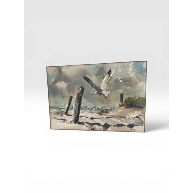 1970s J. Everett Draper Original Coastal Watercolor of Seagulls Over Beach. For Sale In West Palm - Image 6 of 8