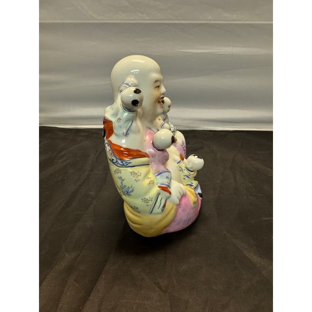 Mid 20th Century Chinese Republic Famille Rose Porcelain Laughing Buddha 5 Children 6.5” Vintage For Sale - Image 5 of 9