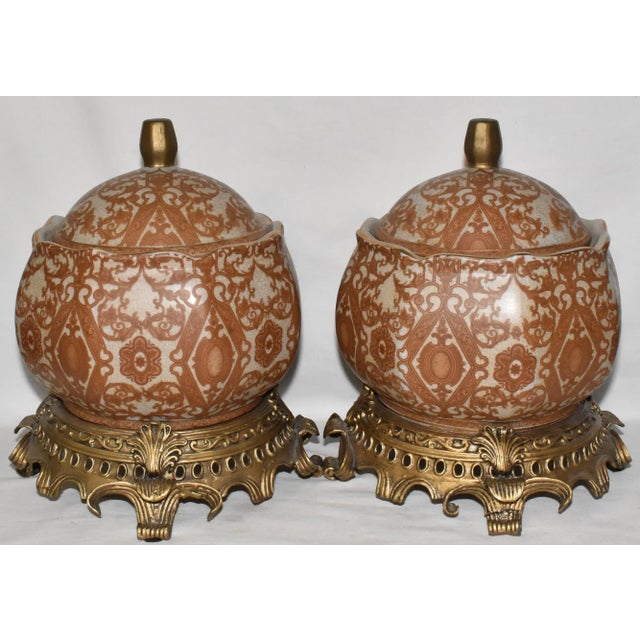 Pair Mid 20th Century Asian Crackle Glaze Porcelain Ginger Jars on Brass Bases Floral Motif For Sale - Image 4 of 11