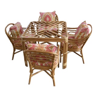1970s Brown Jordan Rattan Table & 4 Upholstered Chairs - Set of 5 For Sale