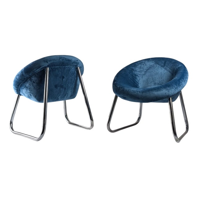 Chromed Metal and Blue Velvet Armchairs, Set of 2 For Sale