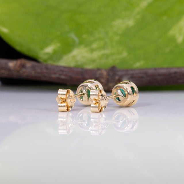 Metal Natural Zambian Emerald Solitaire Stud Earrings: Solid 14k Gold Bezel Set Studs, Pair For Sale - Image 7 of 7