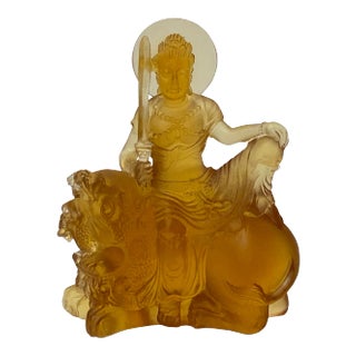 Crystal Glass Liuli Pate-De-Verre Orange Manjusri Bodhisattva Statue For Sale