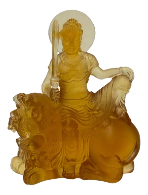 Crystal Glass Liuli Pate-De-Verre Orange Manjusri Bodhisattva Statue