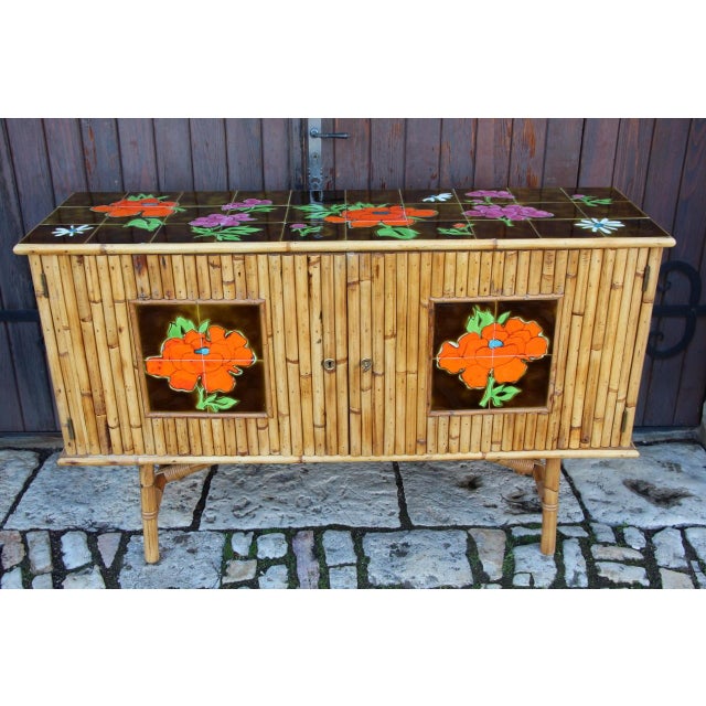 French Riviera Bamboo and Ceramic Sideboard, 1960s For Sale - Image 11 of 11