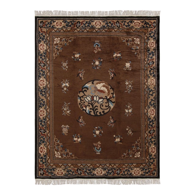 Vintage Chinese Art Deco Rug in Brown With Medallion and Florals - Rug & Kilim For Sale