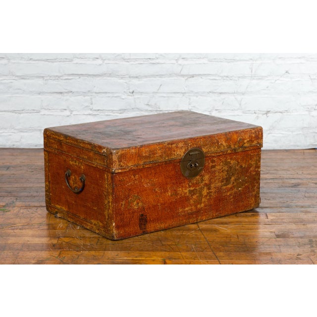 19th Century Chinese Qing Dynasty Period Lacquered Leather Trunk with Distressed Patina For Sale - Image 4 of 13