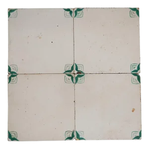 1900s Antique White and Green Flowers Set of Four Large Tiles, Portuguese