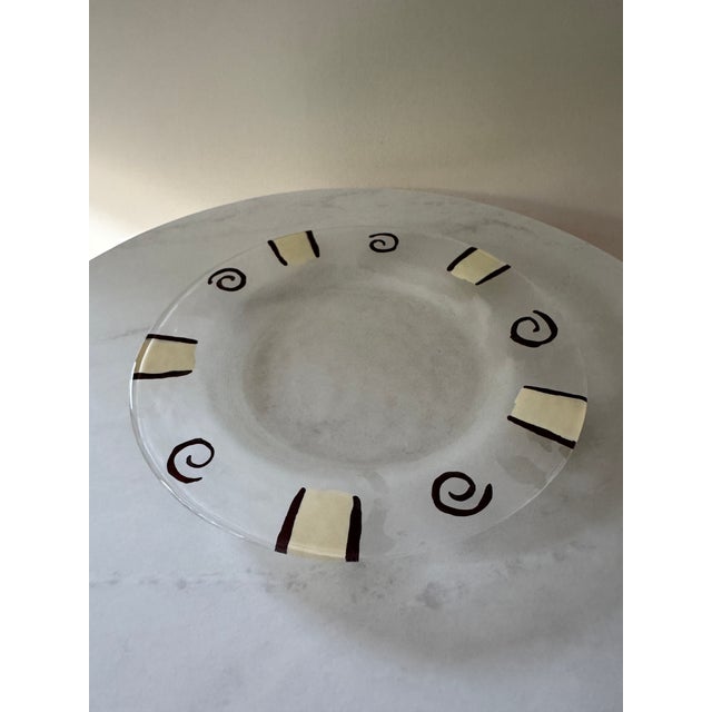 Set of 5 Vintage Frosted Glass Appetizer/Salad Plates | Brown Swirl & Cream Block Border | 1990s Postmodern Dinnerware | Retro Side Plates For Sale - Image 4 of 6