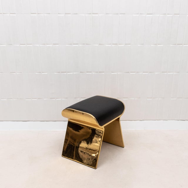 Leather Upholstered Stool With Polished Brass Legs by Kifu Paris For Sale In Los Angeles - Image 6 of 8
