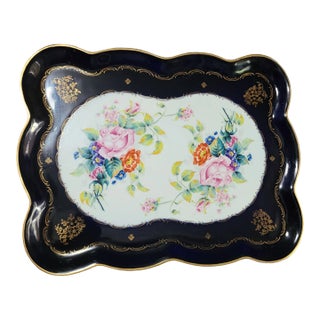 Vintage Cobalt Blue Hand Painted Gilded Floral Couleuvre French Porcelain Tray For Sale