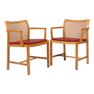 Armchairs in Elm, Cane and Leather by Ditte Heath for Søren Horn, 1960s, Set of 2 For Sale