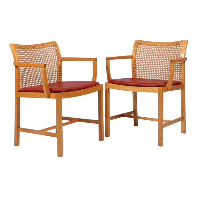 Armchairs in Elm, Cane and Leather by Ditte Heath for Søren Horn, 1960s, Set of 2 For Sale