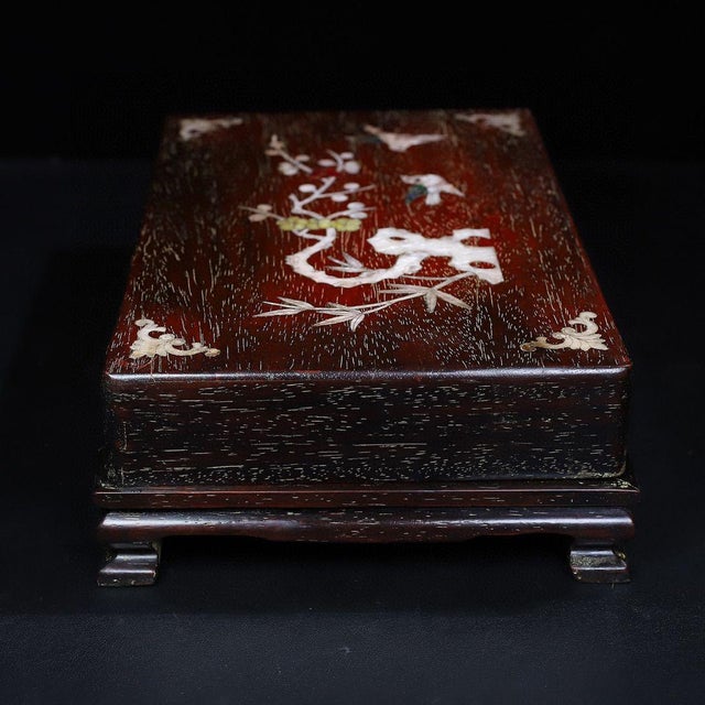 Brown Antique Zitan Wood Box With Mother-of-Pearl Bird and Flower Inlay For Sale - Image 8 of 10