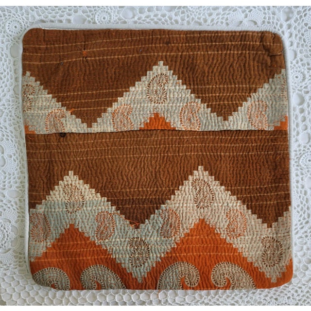 Burnt Orange & Brown Paisley Kantha Cloth Throw Pillow For Sale In Baltimore - Image 6 of 6
