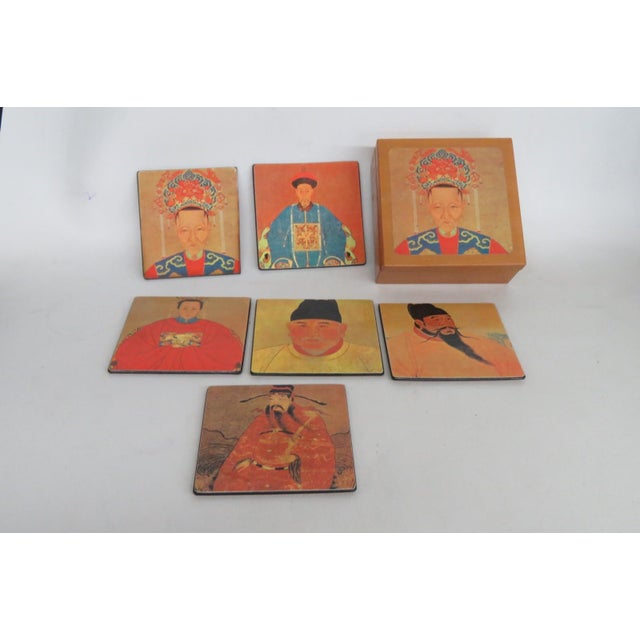 Mid 20th Century Mid 20th Century Chinoiserie Boxed Set of 6 Square Coasters Chinese Ancestor Portrait Motif For Sale - Image 5 of 15