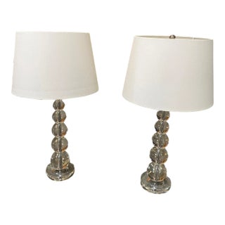 Clear Crystal, Graduated Balls, Lucite Base Table Lamps With Linen Shades - a Pair For Sale