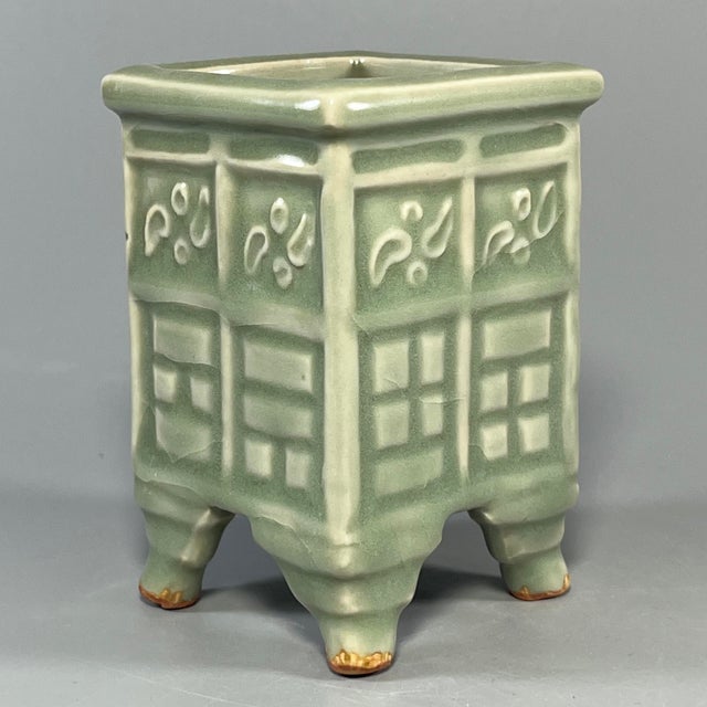 Chinese Chinese Vintage Green Celadon Square Four‑Footed Censer With Relief Decoration For Sale - Image 3 of 6