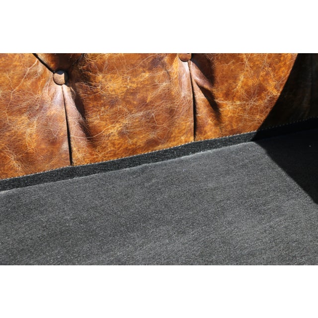 Industrial Distressed Brown Leather Chesterfield Sofa – Three Seat Tufted Sofa With Nailhead Trim & Casters For Sale - Image 15 of 18