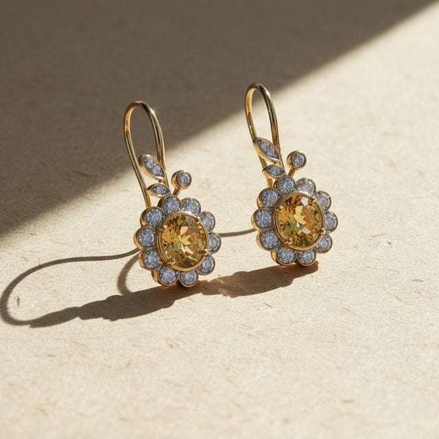 Modern Art Nouveau Citrine Flower and Leaf Drop Earrings, Silver, Gold, Pair For Sale - Image 3 of 6